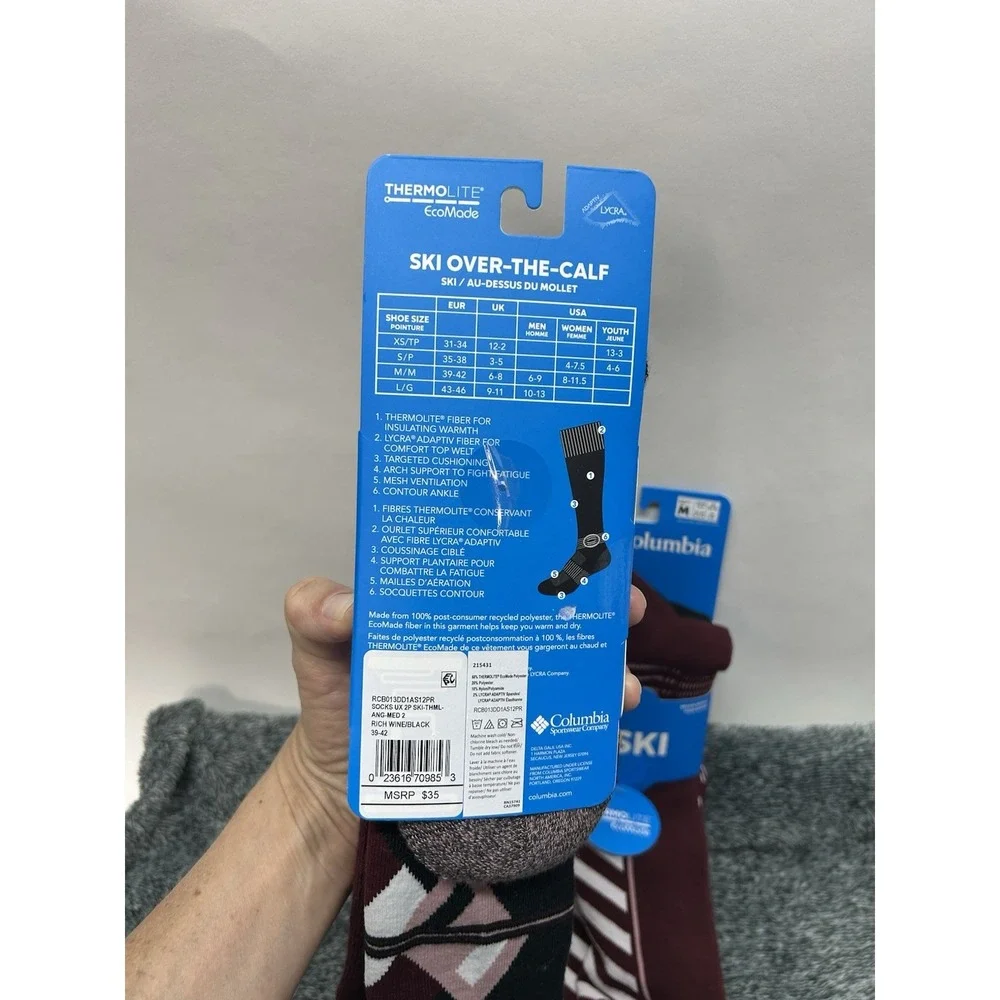 Lot 2 Columbia Men's 6-9 Women's 8-11.5 Ski Rich Wine/Black Socks(C2)